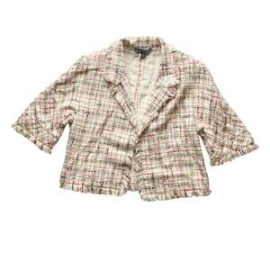 Lafayette 148 Ivory Multicolor Raw Fringe Open Front Tweed Cropped Jacket : 6